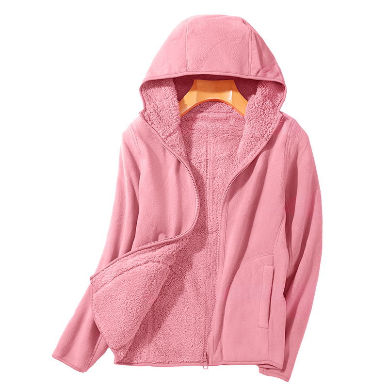 Unisex fleece jaka ar kapuci, polārā vilnas audums, iekšējā korāla velūrs, vienkrāsains modelis