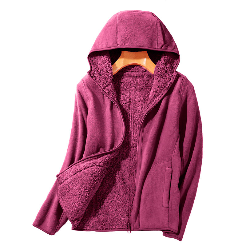 Unisex fleece jaka ar kapuci, polārā vilnas audums, iekšējā korāla velūrs, vienkrāsains modelis