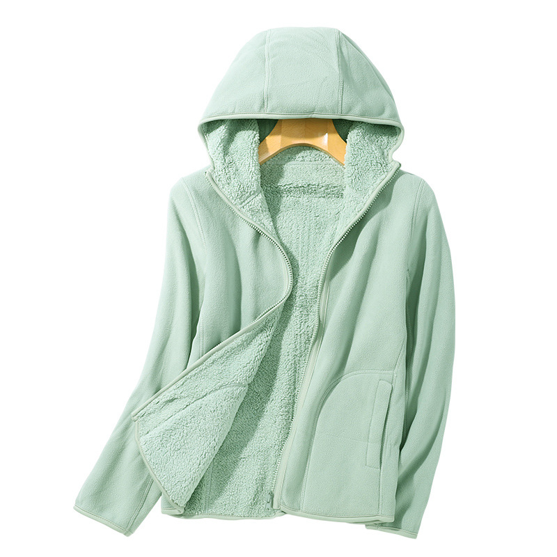 Unisex fleece jaka ar kapuci, polārā vilnas audums, iekšējā korāla velūrs, vienkrāsains modelis