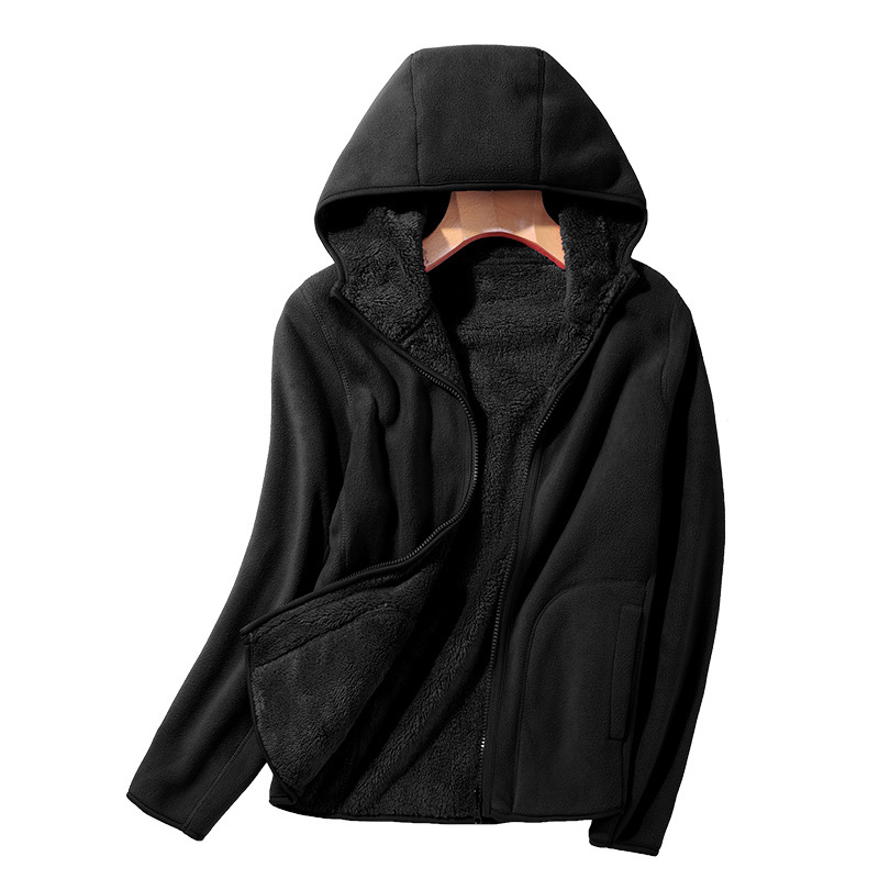Unisex fleece jaka ar kapuci, polārā vilnas audums, iekšējā korāla velūrs, vienkrāsains modelis