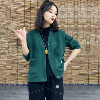 Γυναικείο φλις με επένδυση, καρντάγκαν-σουίτσερντ, μονόχρωμο, χαλαρή γραμμή, μακριά μανίκια, polo γιακά, κούμπωμα με ένα κουμπί, σπανάξ κάτω από 30%