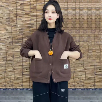 Γυναικείο φλις με επένδυση, καρντάγκαν-σουίτσερντ, μονόχρωμο, χαλαρή γραμμή, μακριά μανίκια, polo γιακά, κούμπωμα με ένα κουμπί, σπανάξ κάτω από 30%