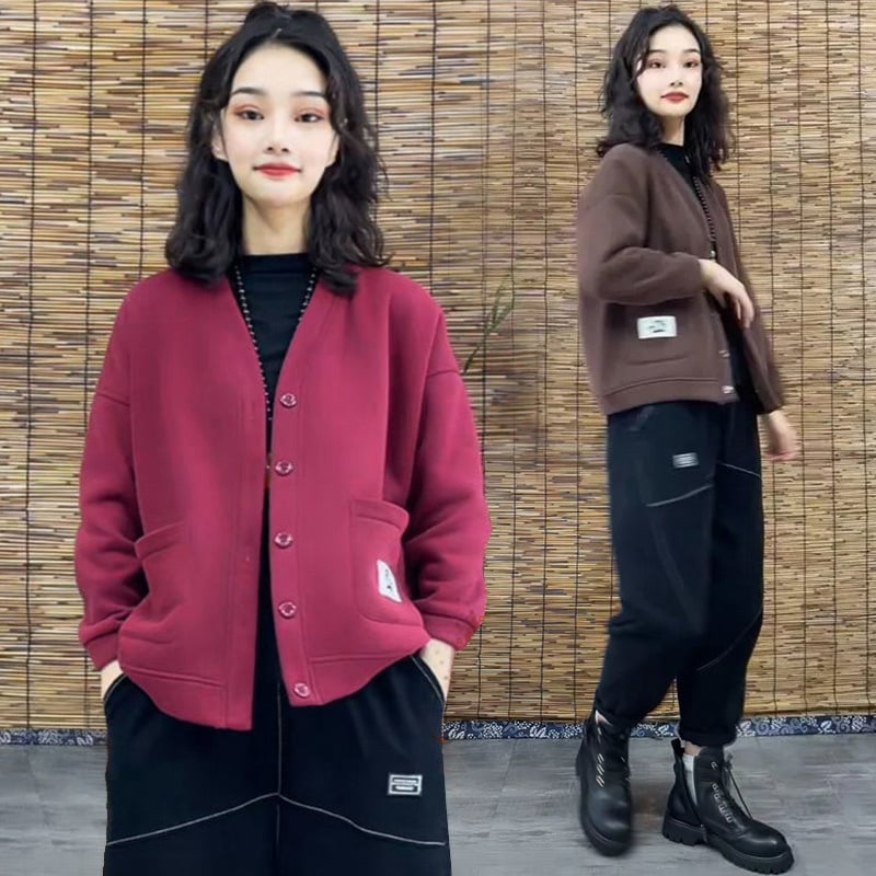 Γυναικείο φλις με επένδυση, καρντάγκαν-σουίτσερντ, μονόχρωμο, χαλαρή γραμμή, μακριά μανίκια, polo γιακά, κούμπωμα με ένα κουμπί, σπανάξ κάτω από 30%