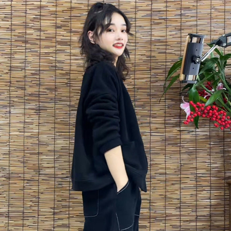 Γυναικείο φλις με επένδυση, καρντάγκαν-σουίτσερντ, μονόχρωμο, χαλαρή γραμμή, μακριά μανίκια, polo γιακά, κούμπωμα με ένα κουμπί, σπανάξ κάτω από 30%