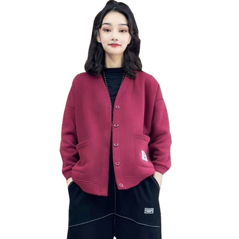 Γυναικείο φλις με επένδυση, καρντάγκαν-σουίτσερντ, μονόχρωμο, χαλαρή γραμμή, μακριά μανίκια, polo γιακά, κούμπωμα με ένα κουμπί, σπανάξ κάτω από 30%