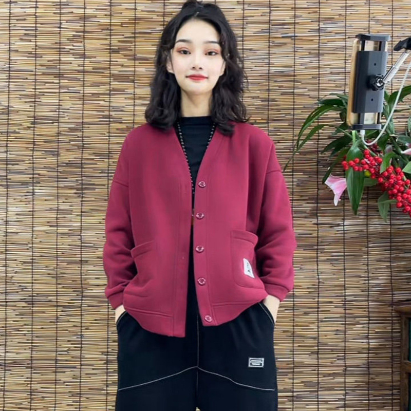 Γυναικείο φλις με επένδυση, καρντάγκαν-σουίτσερντ, μονόχρωμο, χαλαρή γραμμή, μακριά μανίκια, polo γιακά, κούμπωμα με ένα κουμπί, σπανάξ κάτω από 30%