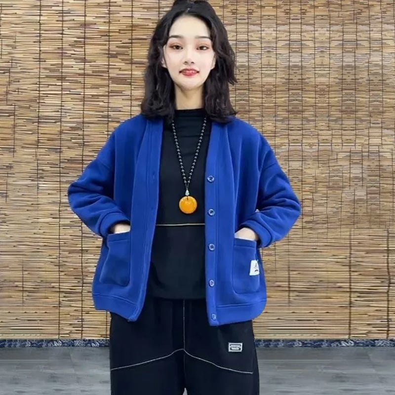 Γυναικείο φλις με επένδυση, καρντάγκαν-σουίτσερντ, μονόχρωμο, χαλαρή γραμμή, μακριά μανίκια, polo γιακά, κούμπωμα με ένα κουμπί, σπανάξ κάτω από 30%