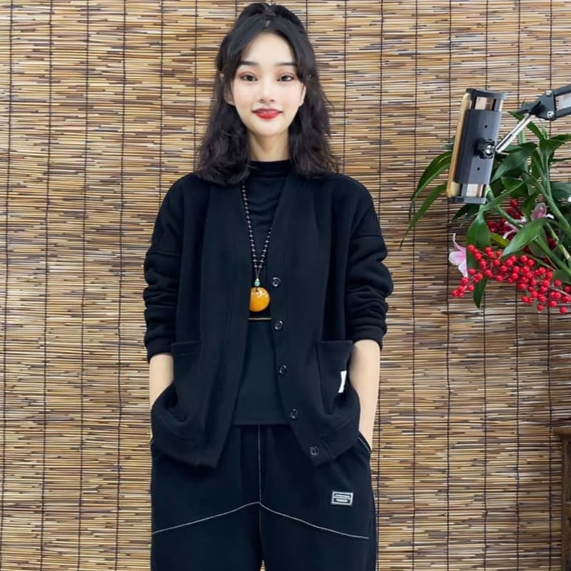 Γυναικείο φλις με επένδυση, καρντάγκαν-σουίτσερντ, μονόχρωμο, χαλαρή γραμμή, μακριά μανίκια, polo γιακά, κούμπωμα με ένα κουμπί, σπανάξ κάτω από 30%