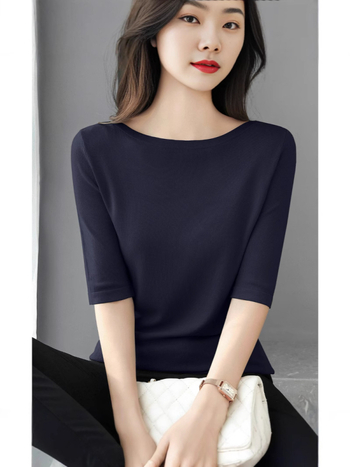 Πουλόβερ-τόπ με 3/4 μανίκια και απλό γιακά; λεπτό πλεκτό ύφασμα από βαμβάκι μερσεριζέ, βισκόζη και νάιλον