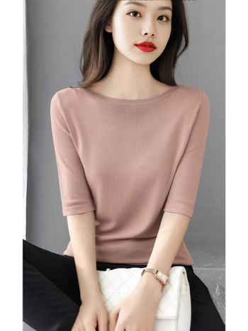 Πουλόβερ-τόπ με 3/4 μανίκια και απλό γιακά; λεπτό πλεκτό ύφασμα από βαμβάκι μερσεριζέ, βισκόζη και νάιλον