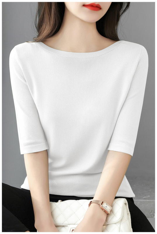 Πουλόβερ-τόπ με 3/4 μανίκια και απλό γιακά; λεπτό πλεκτό ύφασμα από βαμβάκι μερσεριζέ, βισκόζη και νάιλον