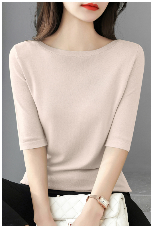 Πουλόβερ-τόπ με 3/4 μανίκια και απλό γιακά; λεπτό πλεκτό ύφασμα από βαμβάκι μερσεριζέ, βισκόζη και νάιλον