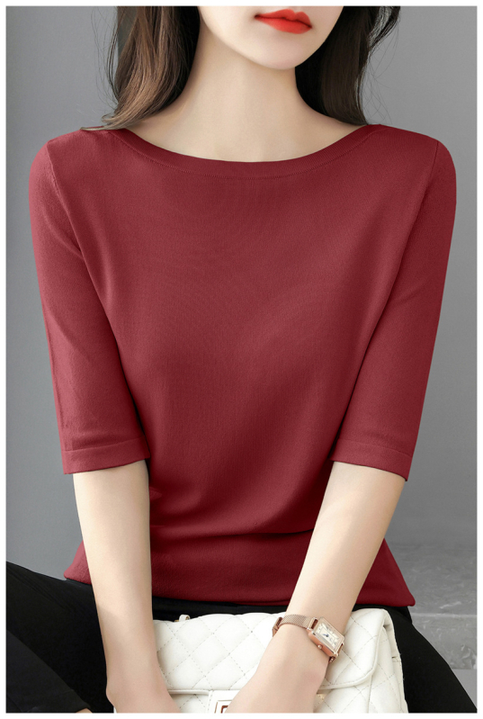 Πουλόβερ-τόπ με 3/4 μανίκια και απλό γιακά; λεπτό πλεκτό ύφασμα από βαμβάκι μερσεριζέ, βισκόζη και νάιλον