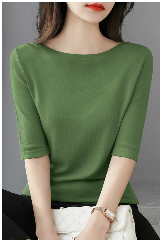 Πουλόβερ-τόπ με 3/4 μανίκια και απλό γιακά; λεπτό πλεκτό ύφασμα από βαμβάκι μερσεριζέ, βισκόζη και νάιλον