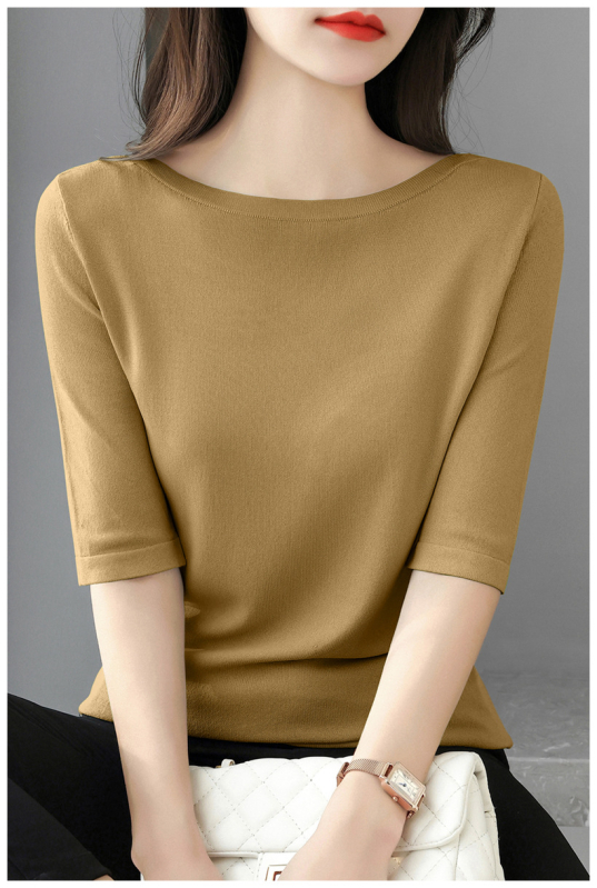 Πουλόβερ-τόπ με 3/4 μανίκια και απλό γιακά; λεπτό πλεκτό ύφασμα από βαμβάκι μερσεριζέ, βισκόζη και νάιλον