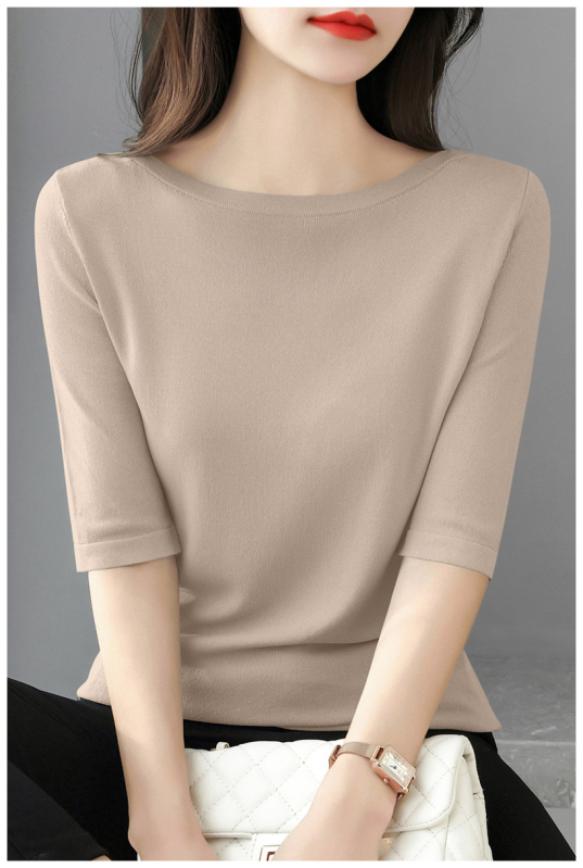 Πουλόβερ-τόπ με 3/4 μανίκια και απλό γιακά; λεπτό πλεκτό ύφασμα από βαμβάκι μερσεριζέ, βισκόζη και νάιλον