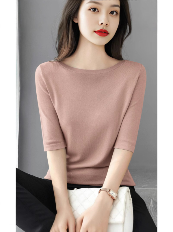 Πουλόβερ-τόπ με 3/4 μανίκια και απλό γιακά; λεπτό πλεκτό ύφασμα από βαμβάκι μερσεριζέ, βισκόζη και νάιλον