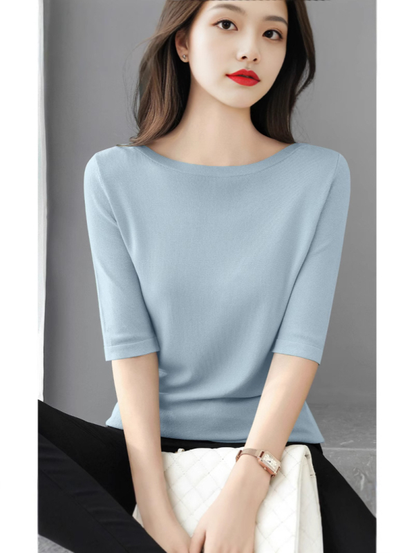 Πουλόβερ-τόπ με 3/4 μανίκια και απλό γιακά; λεπτό πλεκτό ύφασμα από βαμβάκι μερσεριζέ, βισκόζη και νάιλον