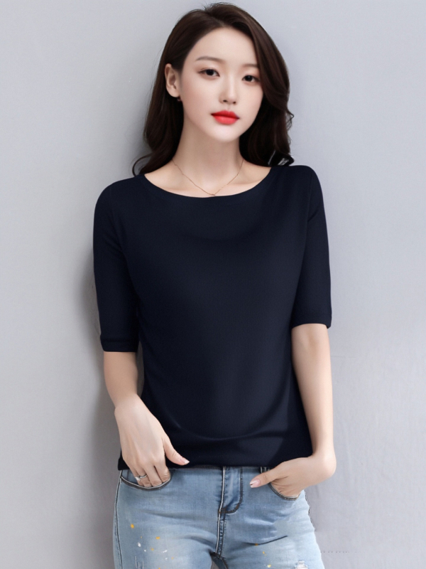 Πουλόβερ-τόπ με 3/4 μανίκια και απλό γιακά; λεπτό πλεκτό ύφασμα από βαμβάκι μερσεριζέ, βισκόζη και νάιλον