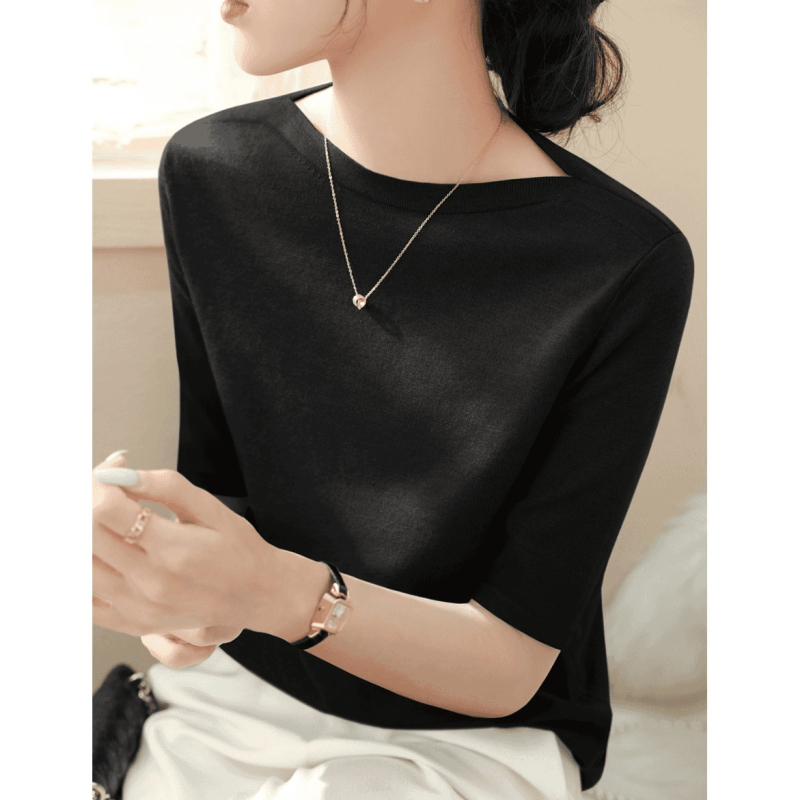 Πουλόβερ-τόπ με 3/4 μανίκια και απλό γιακά; λεπτό πλεκτό ύφασμα από βαμβάκι μερσεριζέ, βισκόζη και νάιλον