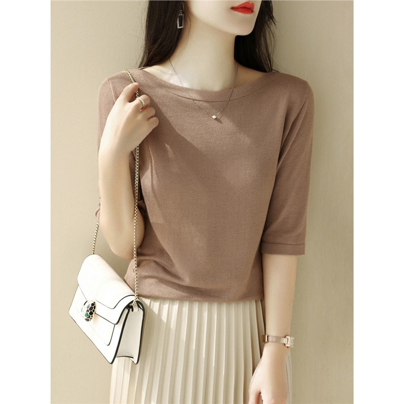 Πουλόβερ-τόπ με 3/4 μανίκια και απλό γιακά; λεπτό πλεκτό ύφασμα από βαμβάκι μερσεριζέ, βισκόζη και νάιλον