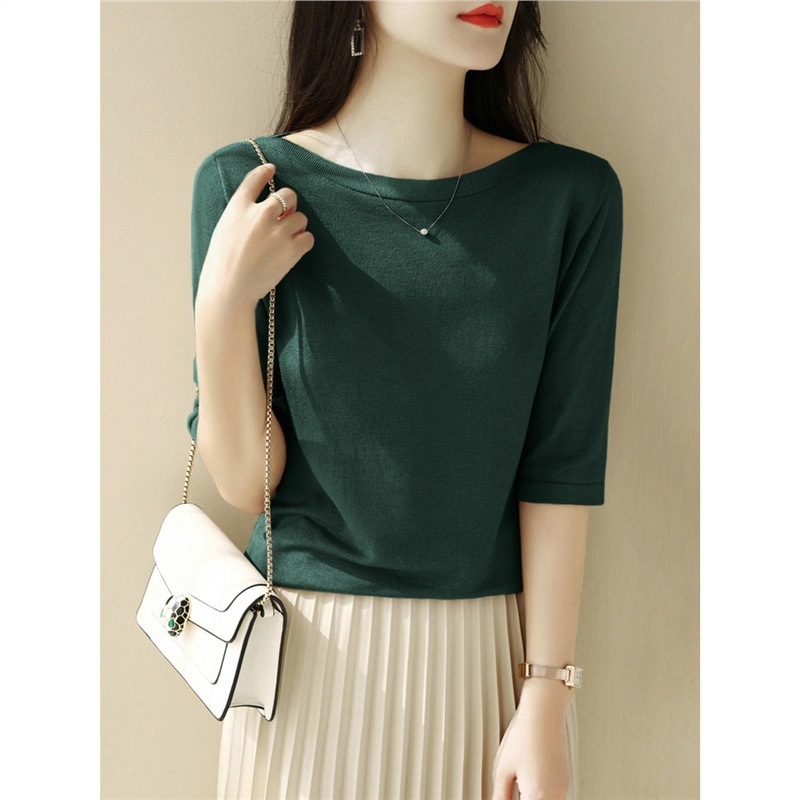 Πουλόβερ-τόπ με 3/4 μανίκια και απλό γιακά; λεπτό πλεκτό ύφασμα από βαμβάκι μερσεριζέ, βισκόζη και νάιλον