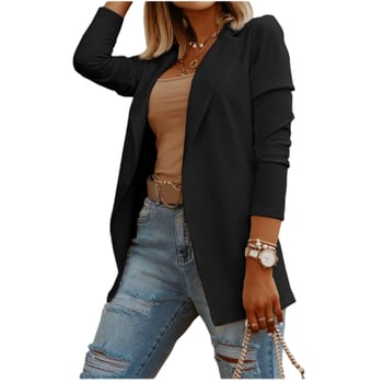 Moteriškas kostiumo švarkas laisvo kirpimo, elegantiškas biuro stilius, vieno mygtuko užsegimas, kostiumo apykaklė, vidutinio ilgio