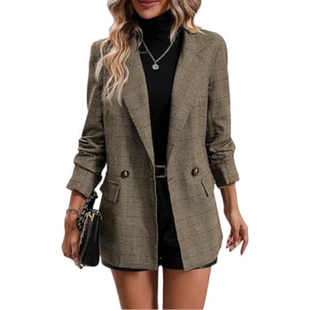 Moteriškas kostiumo švarkas laisvo kirpimo, elegantiškas biuro stilius, vieno mygtuko užsegimas, kostiumo apykaklė, vidutinio ilgio