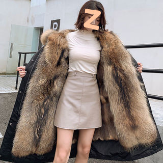 Sievietēm vidēja garuma parka ar noņemamu mākslīgās norkas oderi, ādas ārējais slānis, garie piedurkņi, ziemas kolekcija 2024