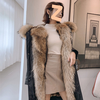 Sievietēm vidēja garuma parka ar noņemamu mākslīgās norkas oderi, ādas ārējais slānis, garie piedurkņi, ziemas kolekcija 2024