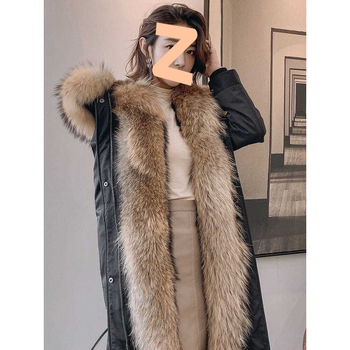 Sievietēm vidēja garuma parka ar noņemamu mākslīgās norkas oderi, ādas ārējais slānis, garie piedurkņi, ziemas kolekcija 2024