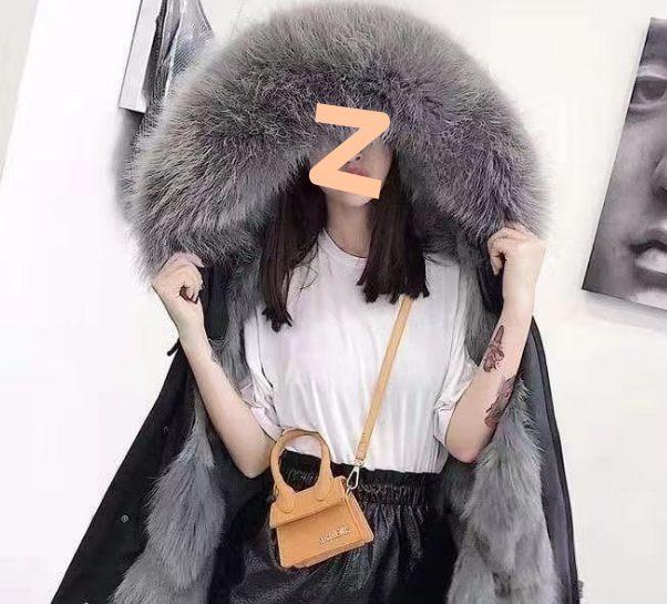 Sievietēm vidēja garuma parka ar noņemamu mākslīgās norkas oderi, ādas ārējais slānis, garie piedurkņi, ziemas kolekcija 2024