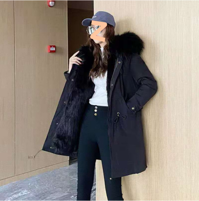 Sievietēm vidēja garuma parka ar noņemamu mākslīgās norkas oderi, ādas ārējais slānis, garie piedurkņi, ziemas kolekcija 2024