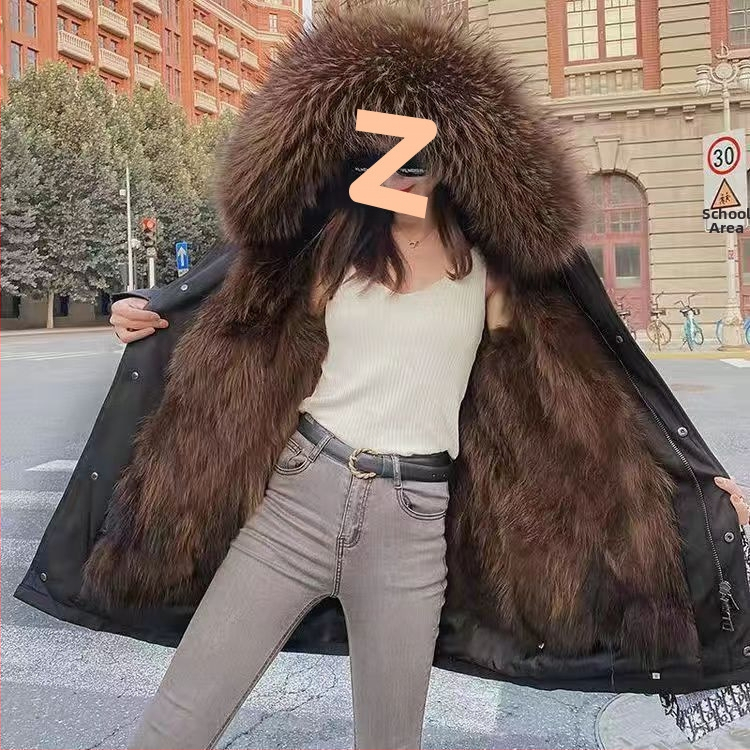 Sievietēm vidēja garuma parka ar noņemamu mākslīgās norkas oderi, ādas ārējais slānis, garie piedurkņi, ziemas kolekcija 2024