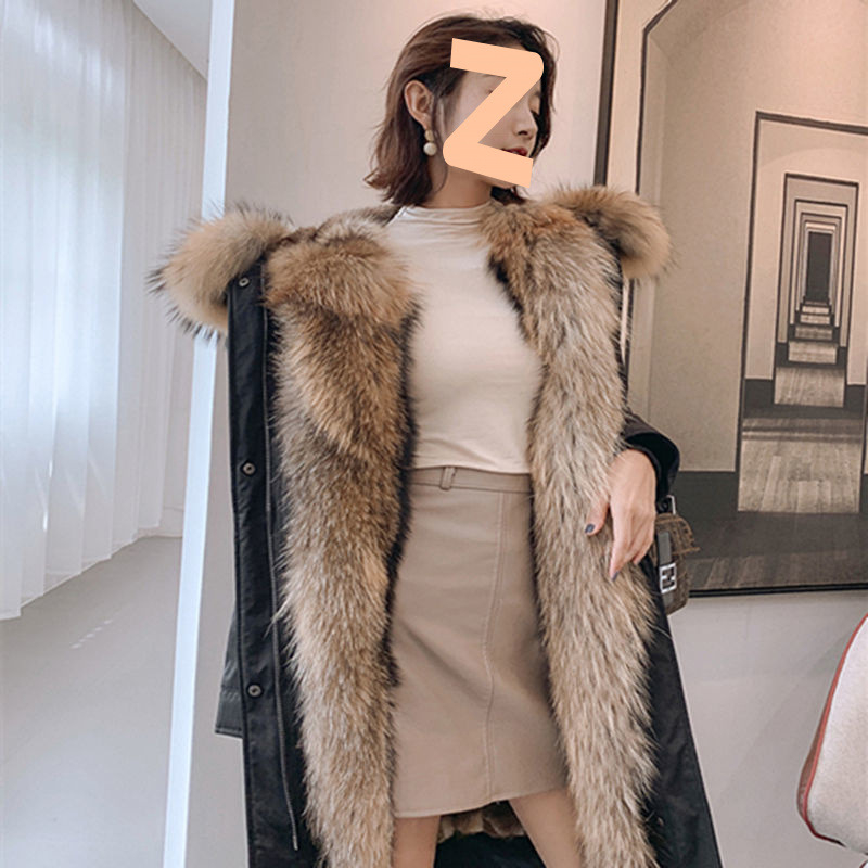 Sievietēm vidēja garuma parka ar noņemamu mākslīgās norkas oderi, ādas ārējais slānis, garie piedurkņi, ziemas kolekcija 2024