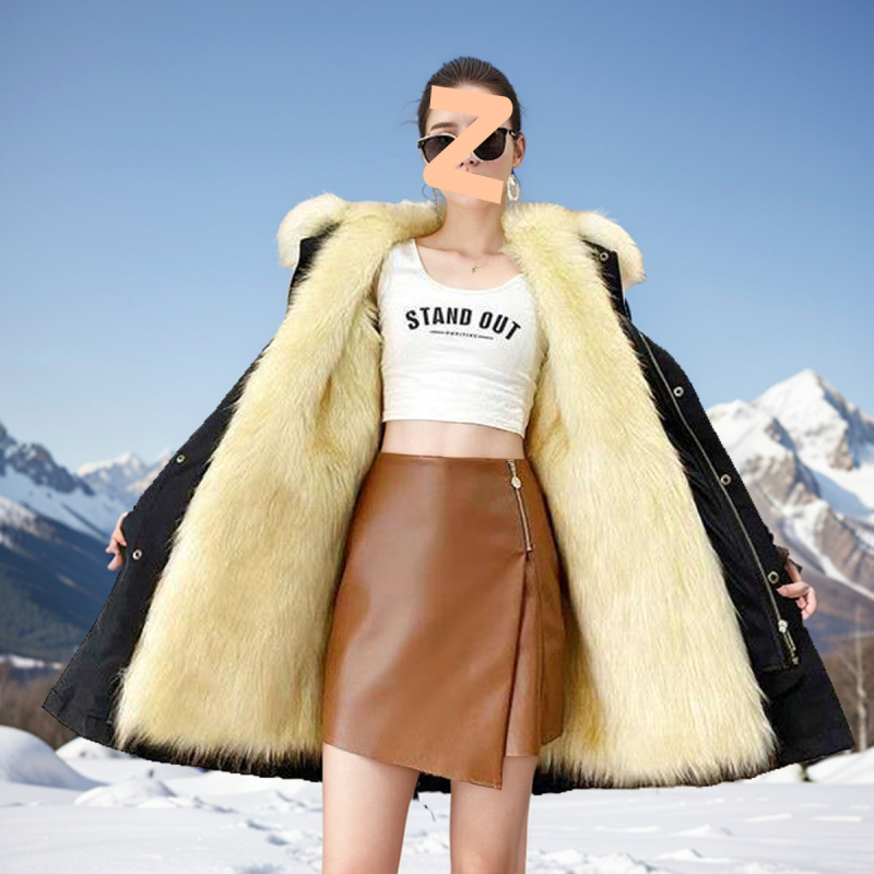 Sievietēm vidēja garuma parka ar noņemamu mākslīgās norkas oderi, ādas ārējais slānis, garie piedurkņi, ziemas kolekcija 2024