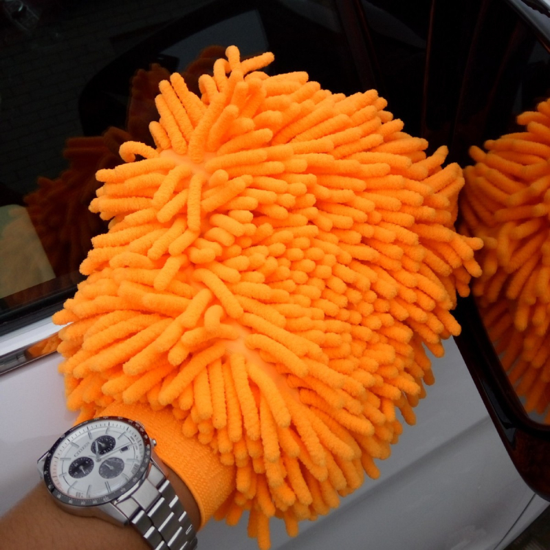 Kétszínű chenille autóápolási kesztyű - kétoldalas, medve mancs dizájn, 82 g, fonal combed yarn, többfunkciós törlő kendő nagy nedvszívó képességgel