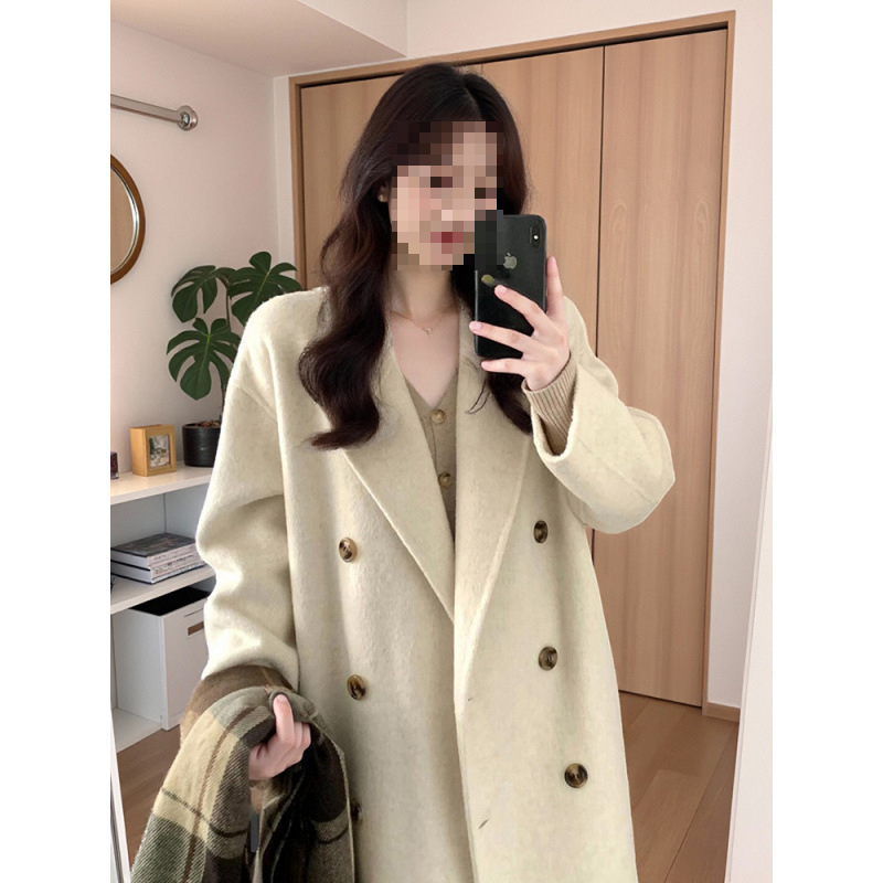Palton din lână, lungime medie, închidere cu nasturi dubli, gros, stil japonez-coreean casual