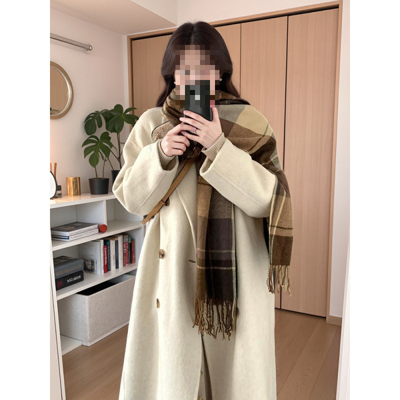 Palton din lână, lungime medie, închidere cu nasturi dubli, gros, stil japonez-coreean casual