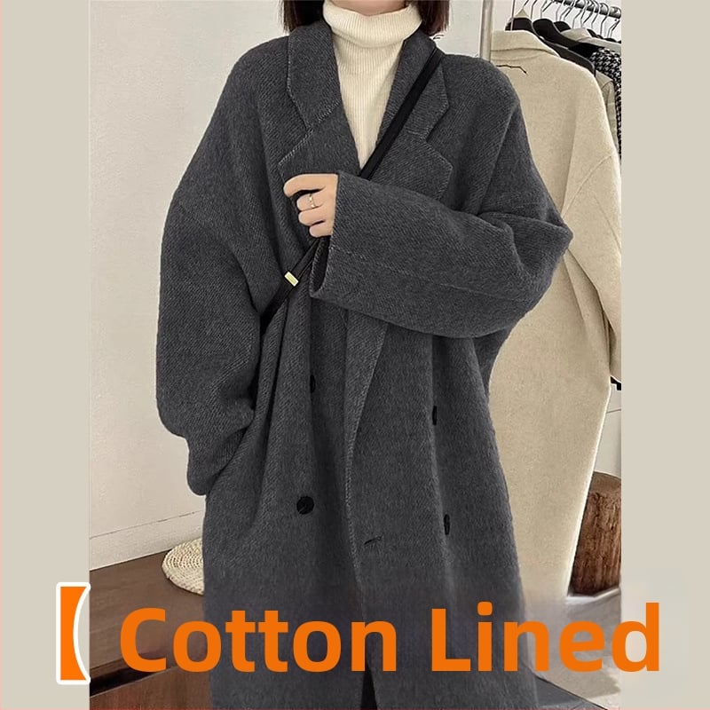 Palton din lână, lungime medie, închidere cu nasturi dubli, gros, stil japonez-coreean casual