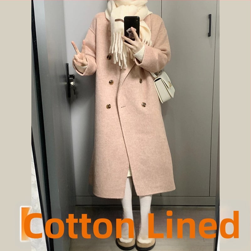 Palton din lână, lungime medie, închidere cu nasturi dubli, gros, stil japonez-coreean casual