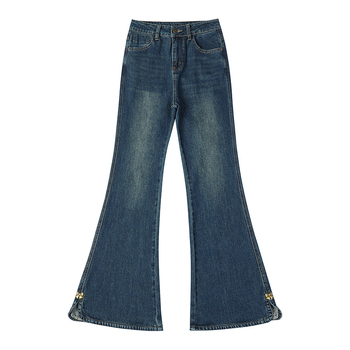 Jean din denim, talie înaltă, ușor evazate, țesătură groasă, bumbac 70–80%
