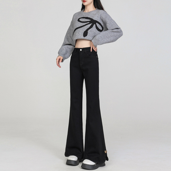 Jean din denim, talie înaltă, ușor evazate, țesătură groasă, bumbac 70–80%