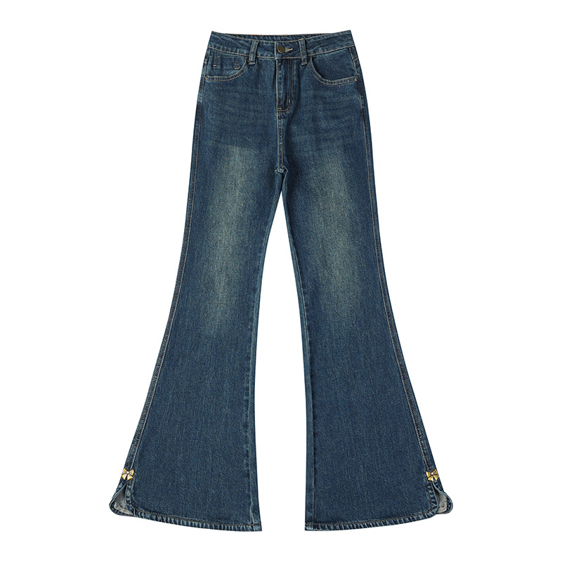 Jean din denim, talie înaltă, ușor evazate, țesătură groasă, bumbac 70–80%