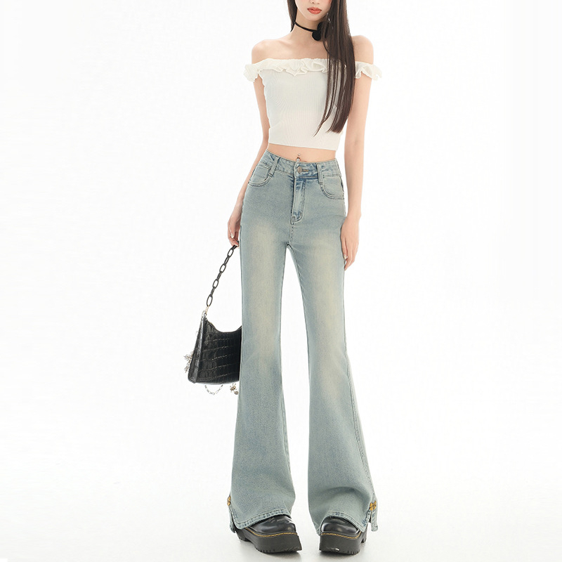 Jean din denim, talie înaltă, ușor evazate, țesătură groasă, bumbac 70–80%