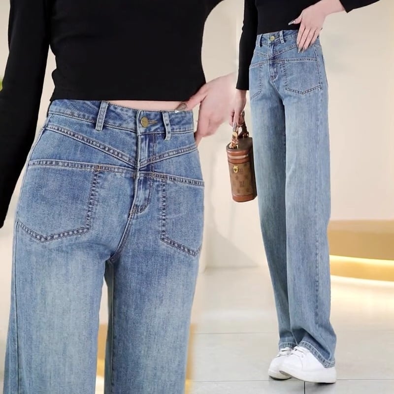 Naiste laiade lõikega džinsid – polüesteri-spandexi segu, mikroelastsus, kõrge talje, lai lõige