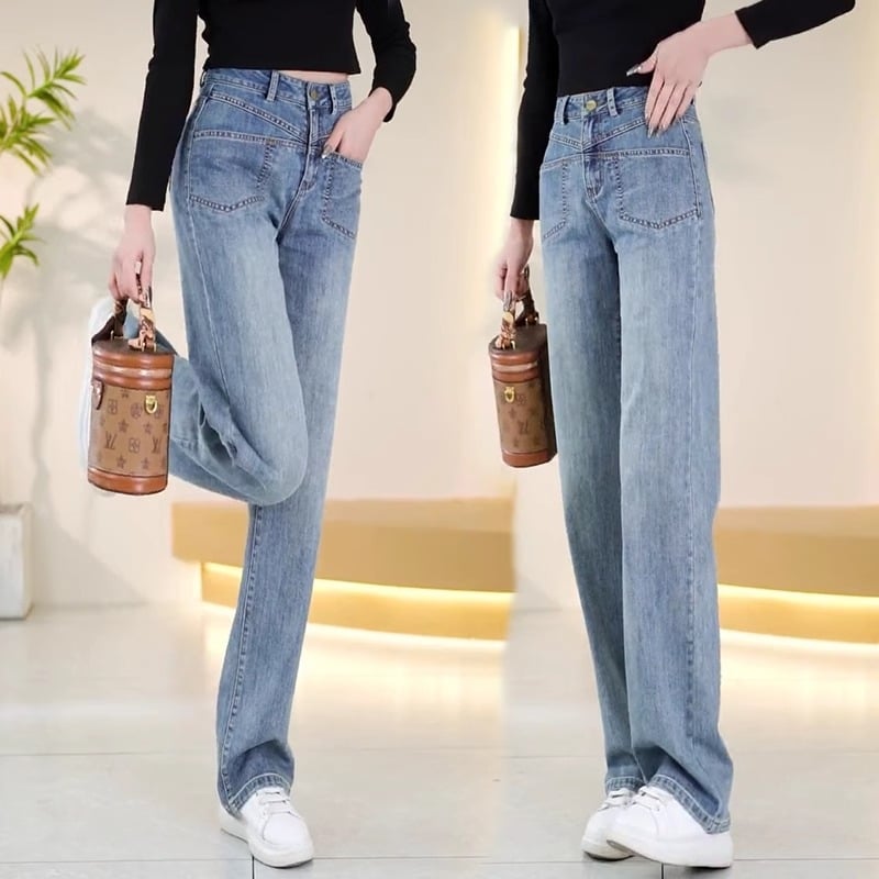 Naiste laiade lõikega džinsid – polüesteri-spandexi segu, mikroelastsus, kõrge talje, lai lõige
