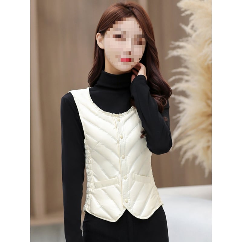 Sieviešu dūnu veste, viegla, slaids siluets, Ziemas sezona 2025, rāvējslēdzējs, apaļa kakla, pildījums >90% balto pīļu dūnu