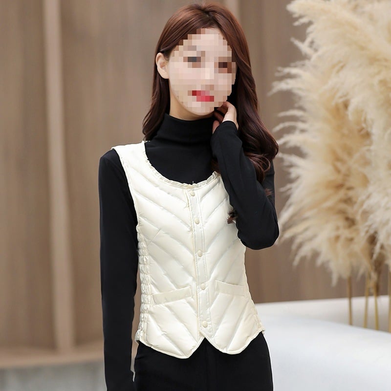 Naiste Down vest, kerge, sale lõige, Talv 2025, tõmblukk, ümmargune kaelus, täidis >90% valge pardi sulgede