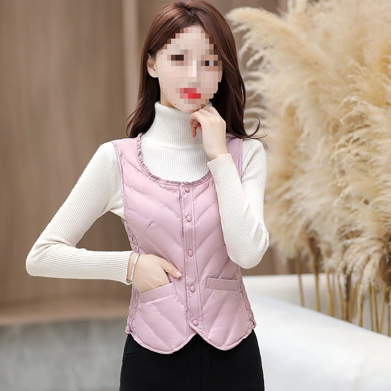 Naiste Down vest, kerge, sale lõige, Talv 2025, tõmblukk, ümmargune kaelus, täidis >90% valge pardi sulgede